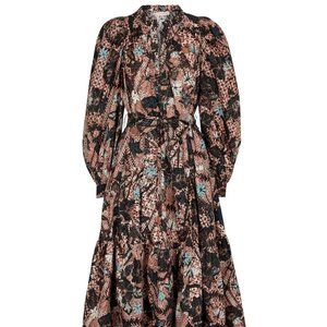 $485 Ulla Johnson Dolores MIDI Print Dress in Rosewood